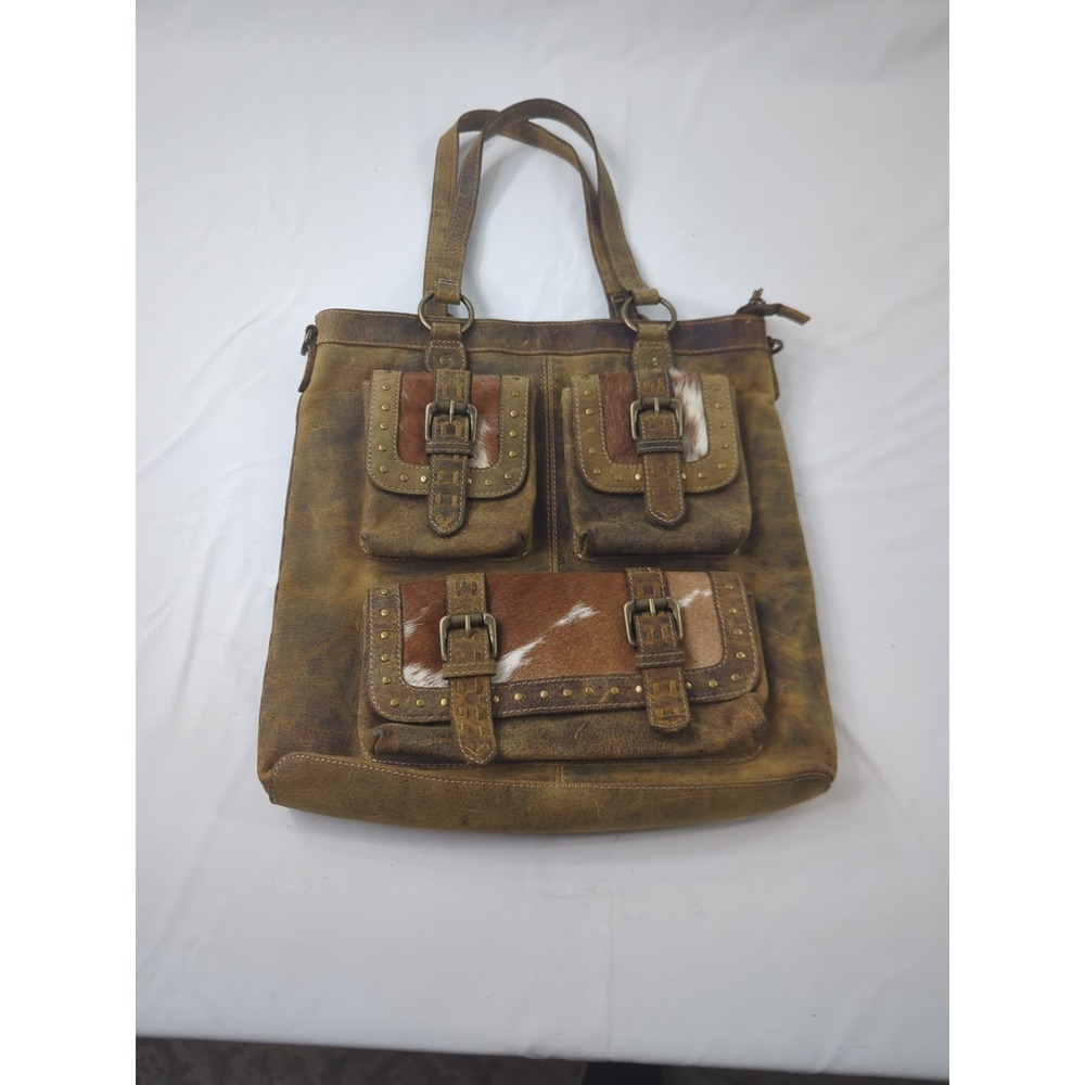 Myra Back Heavy Leather Canvas Cube Mesa Hairon Bag Light Brown Excellent
